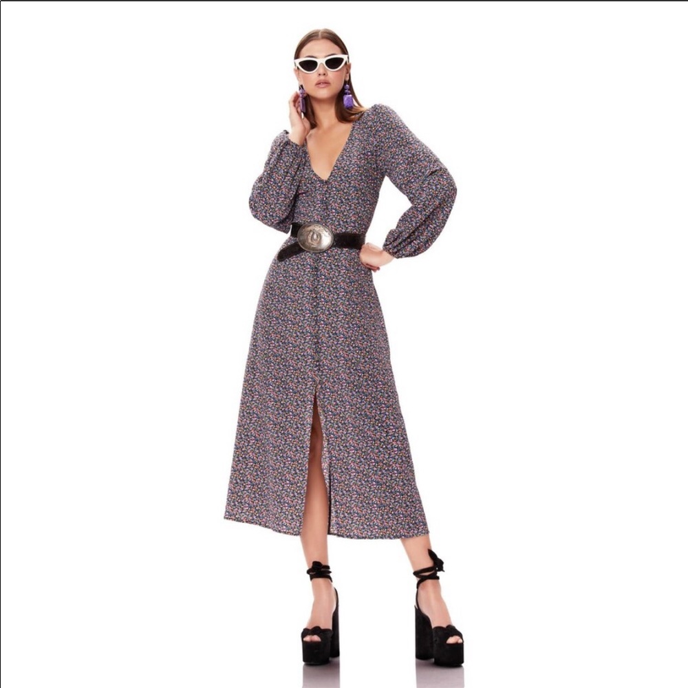 AFRM Long Sleeve Violet Floral Midi Dress